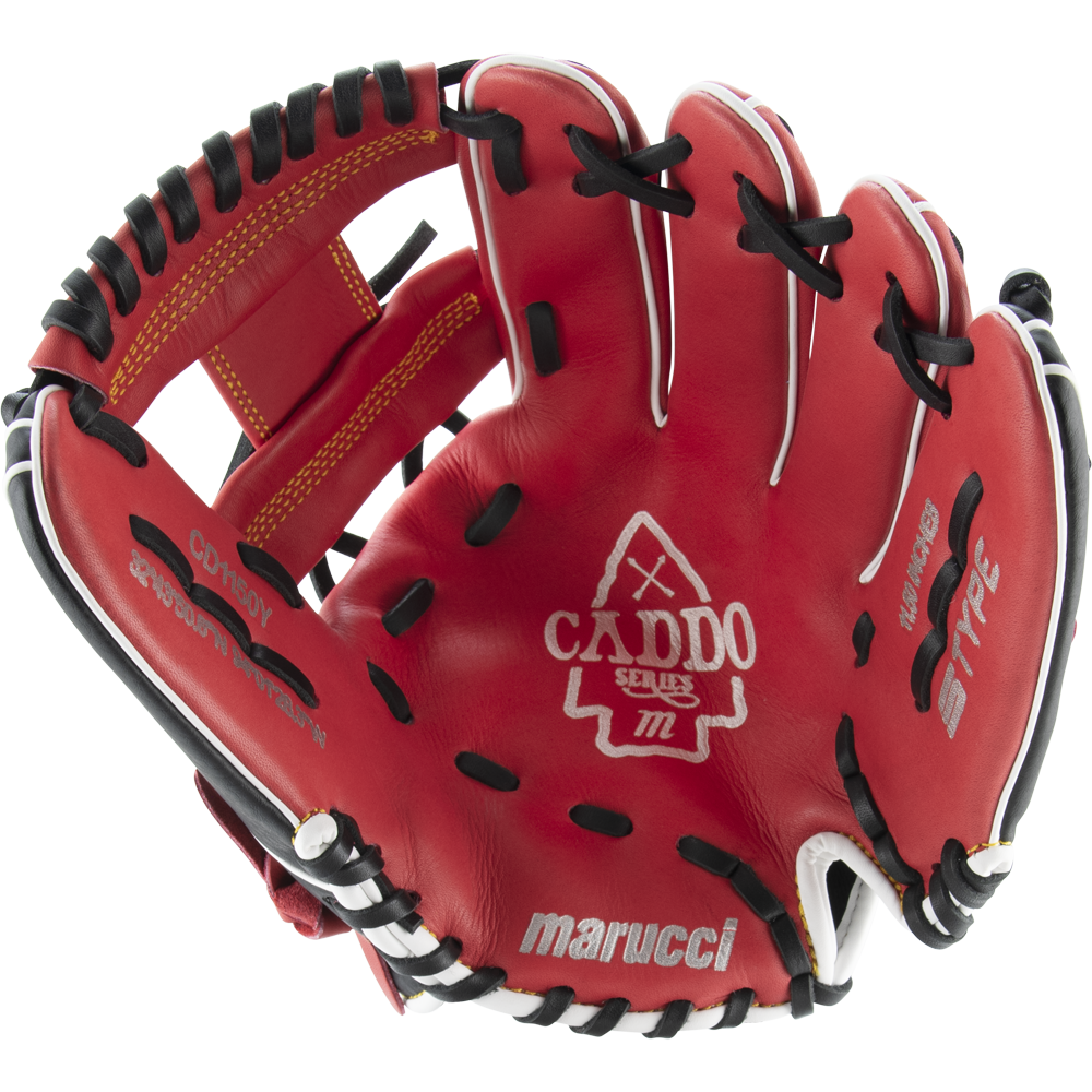 The Marucci Caddo 11.5" Baseball Glove (MFG2CD1150) features red leather with black and white accents, visible stitching, embossed Marucci branding on the palm, an open design showing its interior, finger slots, and adjustable fit.