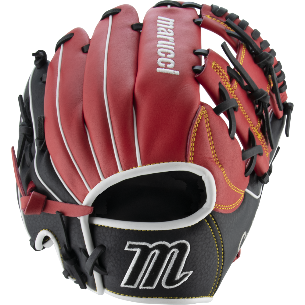 The Marucci Caddo 11.5" Baseball Glove: MFG2CD1150 features red, black, and white full-grain cowhide leather, white stitching, black laces, adjustable fit, and embroidered Marucci logos on the thumb and pinky.