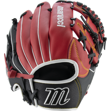 The Marucci Caddo 11.5" Baseball Glove: MFG2CD1150 features red, black, and white full-grain cowhide leather, white stitching, black laces, adjustable fit, and embroidered Marucci logos on the thumb and pinky.