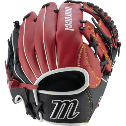 The Marucci Caddo 11.5" Baseball Glove: MFG2CD1150 features red, black, and white full-grain cowhide leather, white stitching, black laces, adjustable fit, and embroidered Marucci logos on the thumb and pinky.