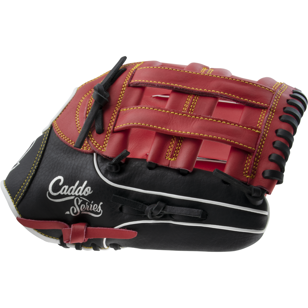 The Marucci Caddo 12" Baseball Glove (MFG2CD1200) features a black and red design with yellow stitching, a webbed pocket, full-grain cowhide leather, and "Caddo Series" scripted in white on the side. Brand: Marucci.