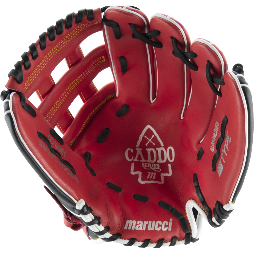 A red Marucci Caddo 12" Baseball Glove (MFG2CD1200) made from full-grain cowhide leather, with black and white lacing, is shown open and palm up to display the Marucci brand name and logo inside.