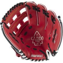 A red Marucci Caddo 12" Baseball Glove (MFG2CD1200) made from full-grain cowhide leather, with black and white lacing, is shown open and palm up to display the Marucci brand name and logo inside.