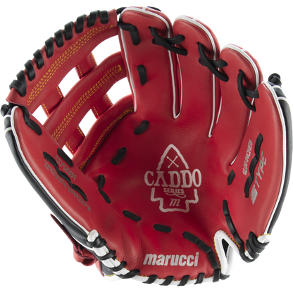 A red Marucci Caddo 12" Baseball Glove (MFG2CD1200) made from full-grain cowhide leather, with black and white lacing, is shown open and palm up to display the Marucci brand name and logo inside.