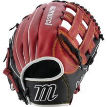 The Marucci Caddo 12" Baseball Glove (MFG2CD1200) features a red, black, and tan design with yellow stitching, open webbing, full-grain cowhide leather, and the Marucci logo displayed.