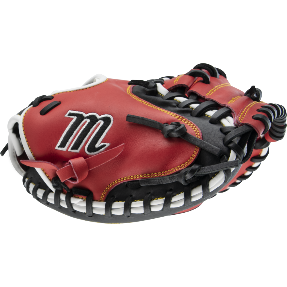 The Marucci Caddo 31" Baseball Catcher's Mitt (MFG2CD3100) features a red, black, and white design with black lacing, an embroidered M logo on the back, and is made from durable full-grain cowhide leather. Displayed on a white background.