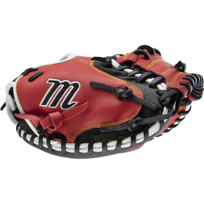 The Marucci Caddo 31" Baseball Catcher's Mitt (MFG2CD3100) features a red, black, and white design with black lacing, an embroidered M logo on the back, and is made from durable full-grain cowhide leather. Displayed on a white background.