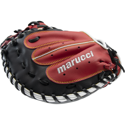 The Marucci Caddo 31" Catcher's Mitt (MFG2CD3100) features black and red full-grain cowhide leather with white stitching and laces. The Marucci logo stands out on the red leather against a white background.