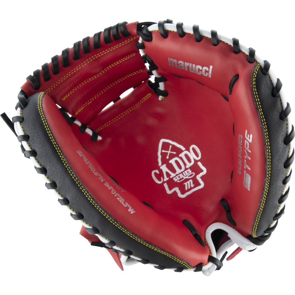 The Marucci Caddo 31" Baseball Catcher's Mitt (MFG2CD3100) features a red and black design, crafted from durable full-grain cowhide leather.