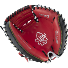 The Marucci Caddo 31" Baseball Catcher's Mitt (MFG2CD3100) features a red and black design, crafted from durable full-grain cowhide leather.