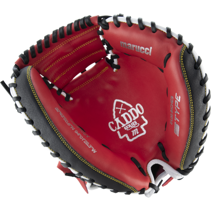 The Marucci Caddo 31" Baseball Catcher's Mitt (MFG2CD3100) features a red and black design, crafted from durable full-grain cowhide leather.