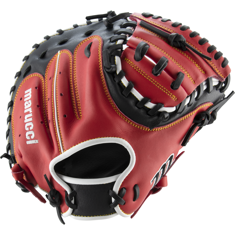 A Marucci Caddo 31" Baseball Catcher's Mitt (MFG2CD3100), featuring red and black full-grain cowhide leather with yellow stitching and black laces, is displayed on a white background.