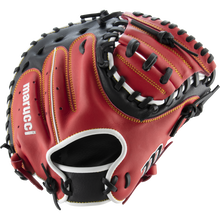 A Marucci Caddo 31" Baseball Catcher's Mitt (MFG2CD3100), featuring red and black full-grain cowhide leather with yellow stitching and black laces, is displayed on a white background.