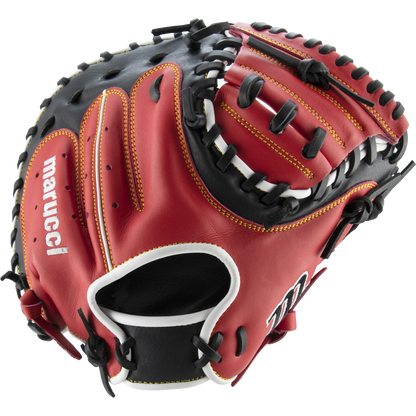A Marucci Caddo 31" Baseball Catcher's Mitt (MFG2CD3100), featuring red and black full-grain cowhide leather with yellow stitching and black laces, is displayed on a white background.