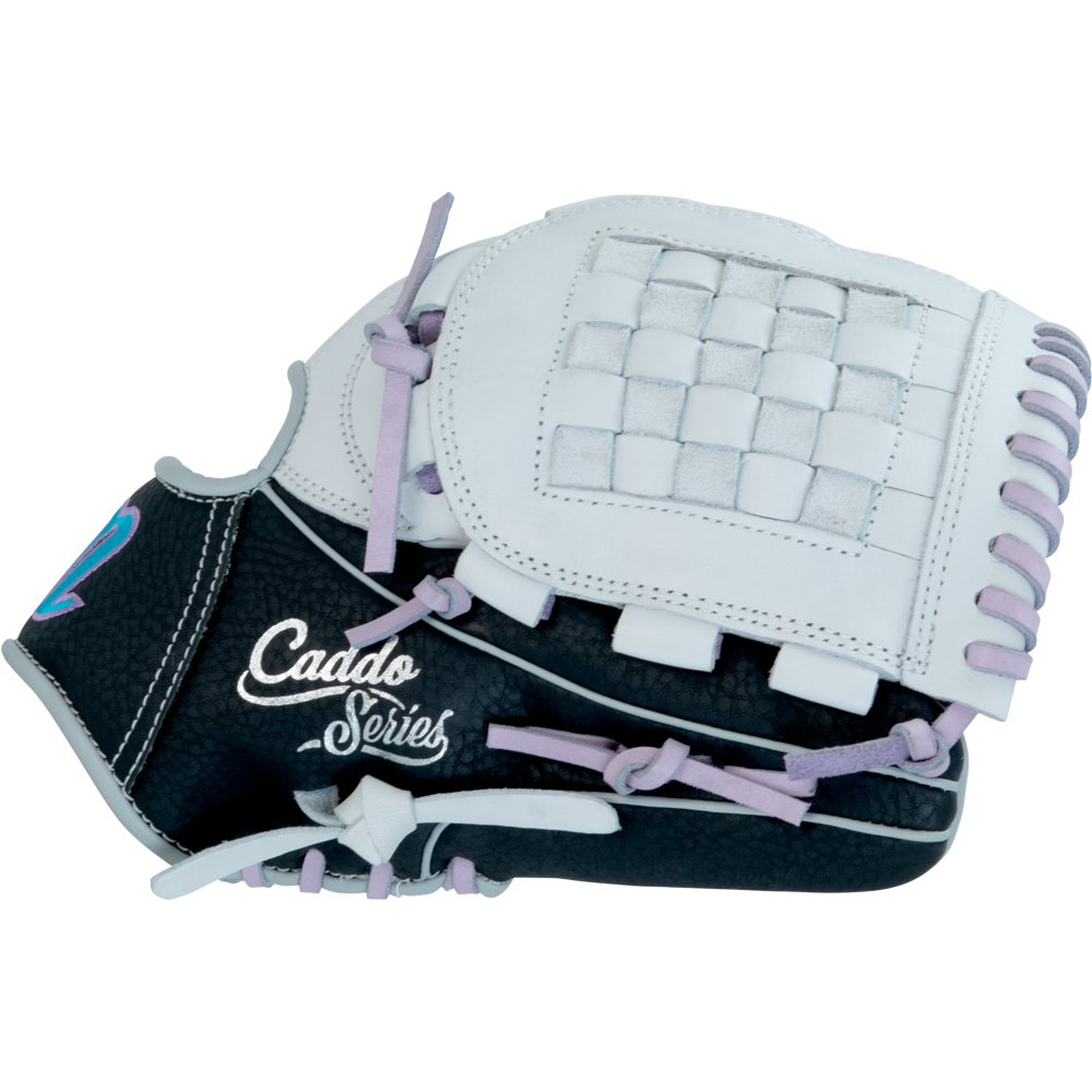 The Marucci Caddo 11.5" Fastpitch Glove (MFG2CDFP115-W/LP) features a black and white design with pink lacing and "Caddo Series" embroidery, displayed against a white background.