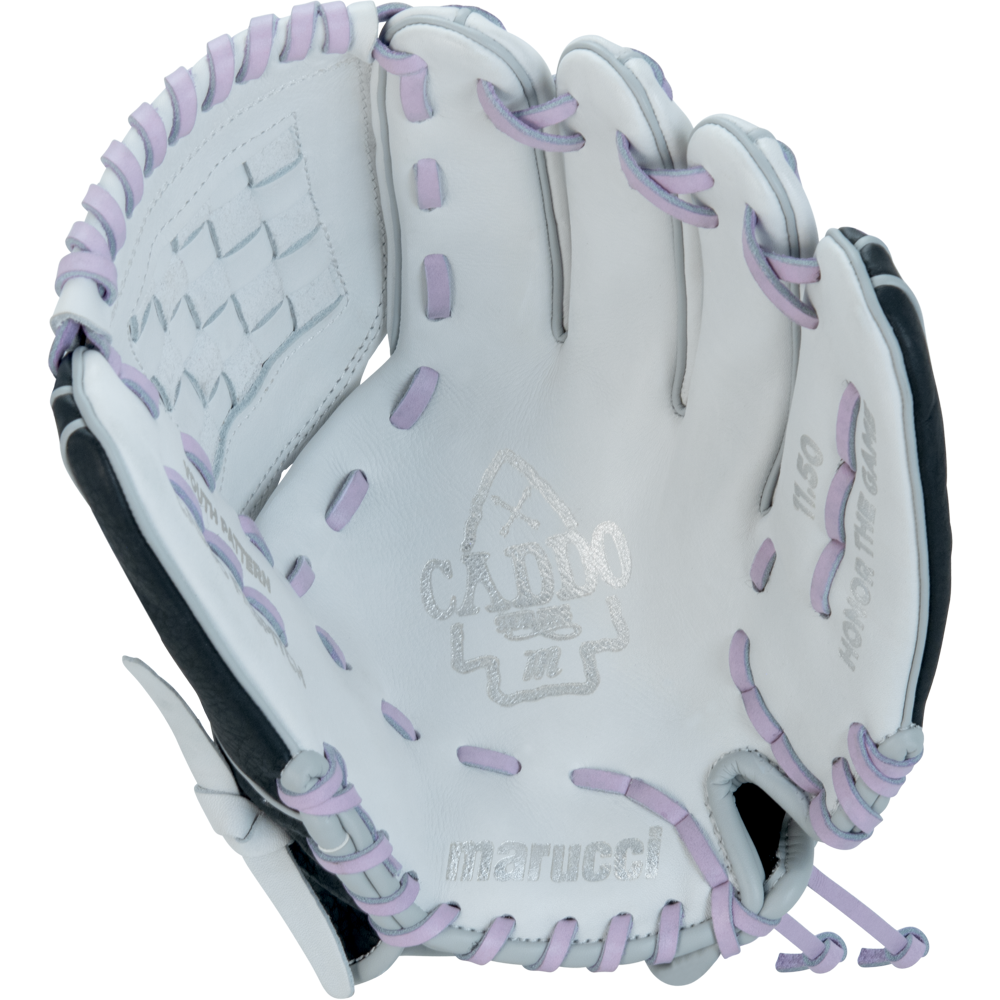 The Marucci Caddo 11.5" Fastpitch Glove (MFG2CDFP115-W/LP) is a white youth infield glove with light purple laces, featuring a woven thumb pattern and appears new and unused. Brand: Marucci.