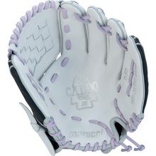 The Marucci Caddo 11.5" Fastpitch Glove (MFG2CDFP115-W/LP) is a white youth infield glove with light purple laces, featuring a woven thumb pattern and appears new and unused. Brand: Marucci.