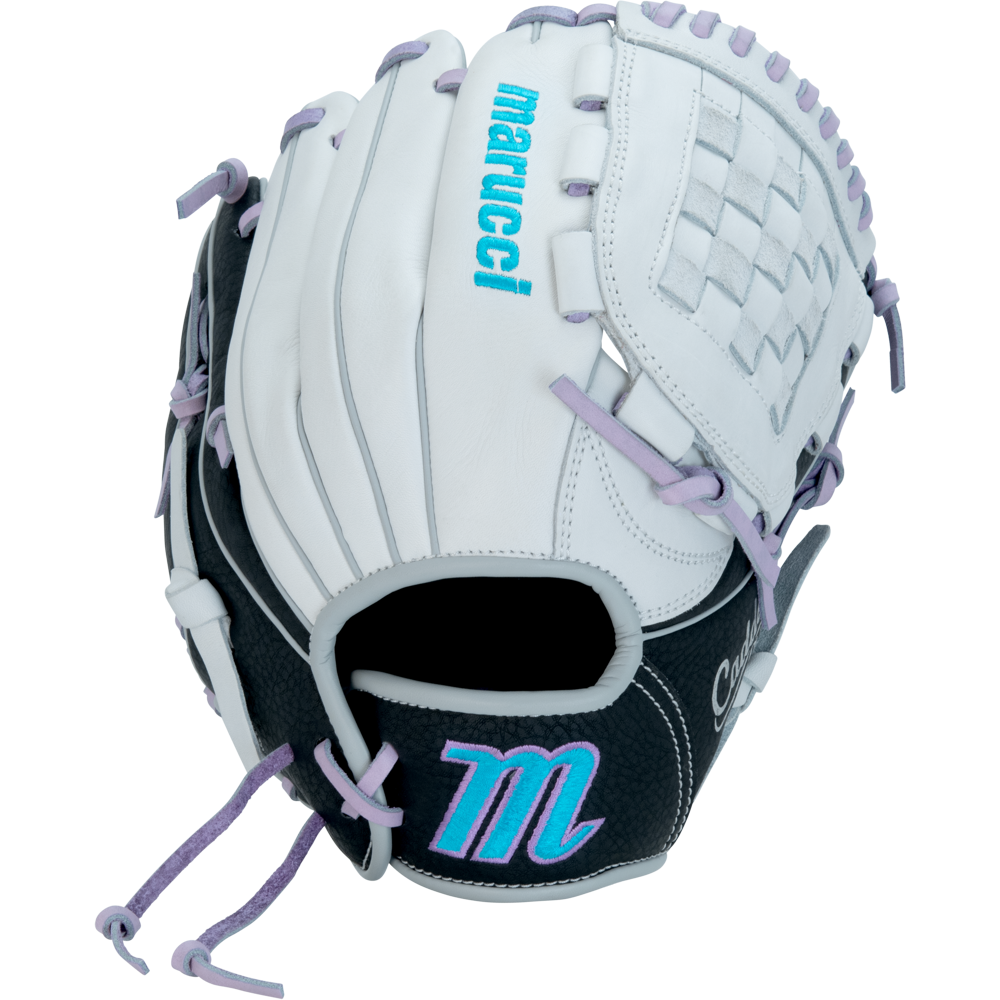 A close-up of the Marucci Caddo 11.5" Fastpitch Glove (MFG2CDFP115-W/LP), ideal for youth infield players.