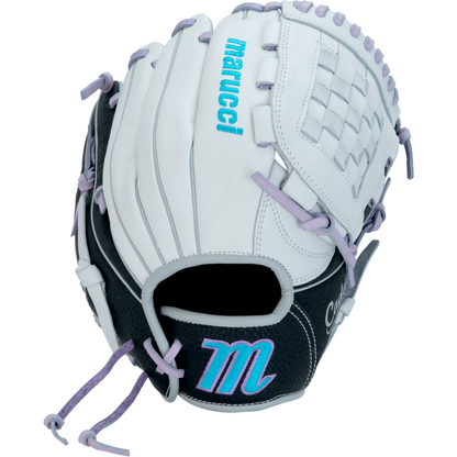 A close-up of the Marucci Caddo 11.5" Fastpitch Glove (MFG2CDFP115-W/LP), ideal for youth infield players.