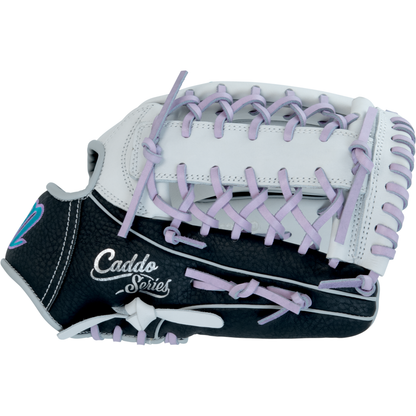 The Marucci Caddo 12" Fastpitch Glove (MFG2CDFP12-W/LP) features black and white leather with lavender laces and decorative stitching, making it a stylish choice for fastpitch softball.