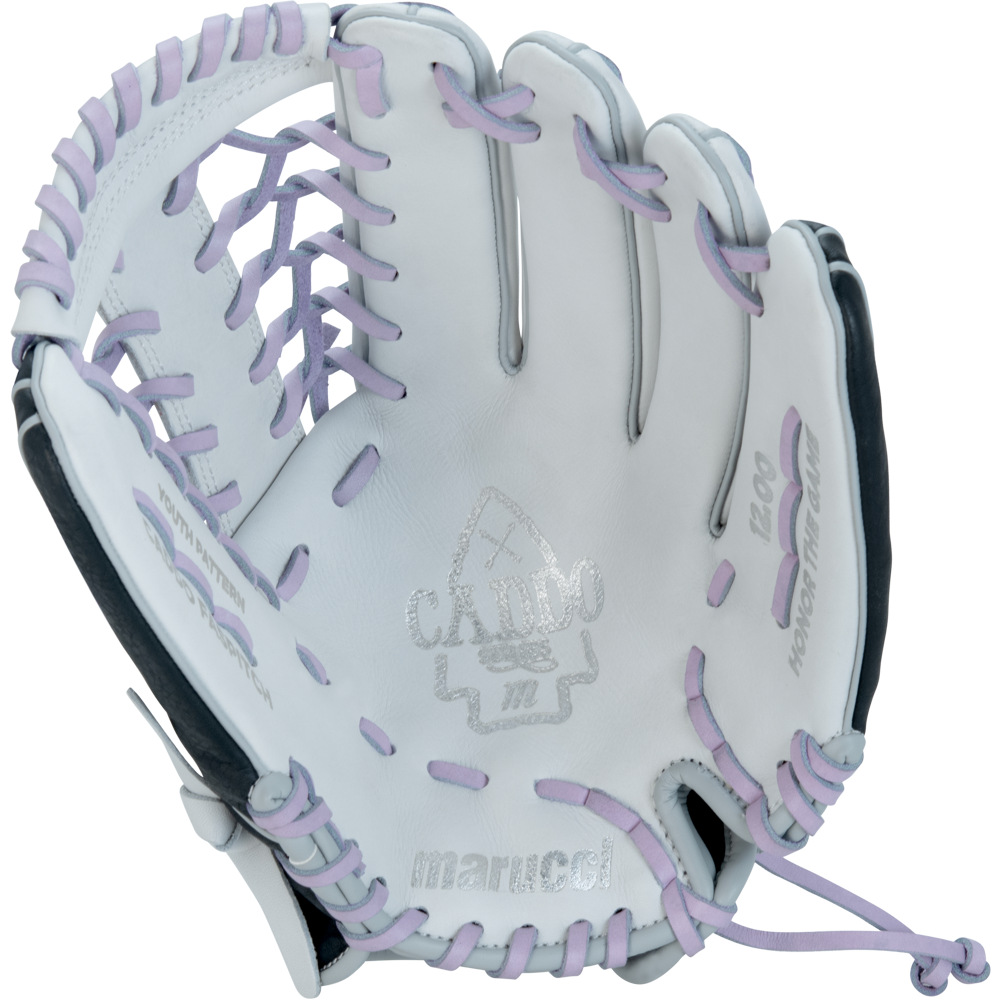 The Marucci Caddo 12" Fastpitch Glove (MFG2CDFP12-W/LP) is a white youth glove with light purple lacing and accents, featuring the Marucci logo and "Caddo" text on the palm. The open design highlights its interior and webbing details.