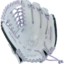 The Marucci Caddo 12" Fastpitch Glove (MFG2CDFP12-W/LP) is a white youth glove with light purple lacing and accents, featuring the Marucci logo and "Caddo" text on the palm. The open design highlights its interior and webbing details.