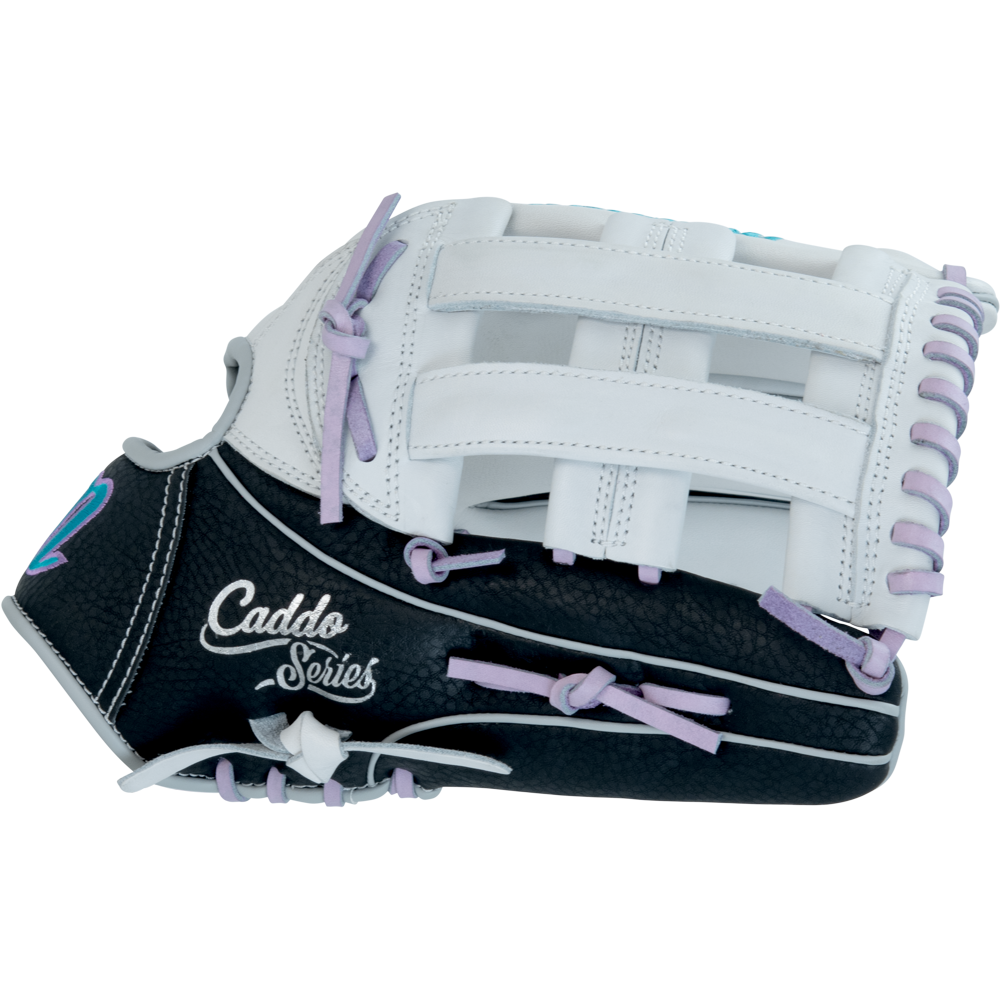 The Marucci Caddo 12.5" Fastpitch Glove (MFG2CDFP125-W/LP) is a black and white glove with lavender and light blue laces, featuring "Caddo Series" text embroidered on the side.