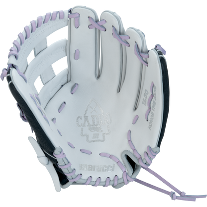 The Marucci Caddo 12.5" Fastpitch Glove (MFG2CDFP125-W/LP) is a white and black glove with light purple lacing and accents, featuring the Marucci brand and CXRBO logo on the palm.