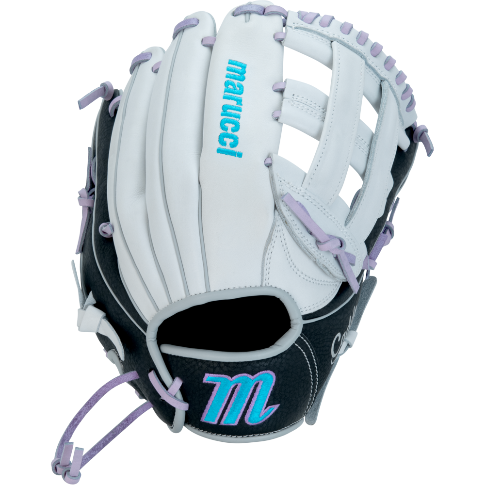 The Marucci Caddo 12.5" Fastpitch Glove (MFG2CDFP125-W/LP) features a white and black design, light purple laces, turquoise Marucci branding on the thumb, a large stitched M logo on the wrist, and an H-web.