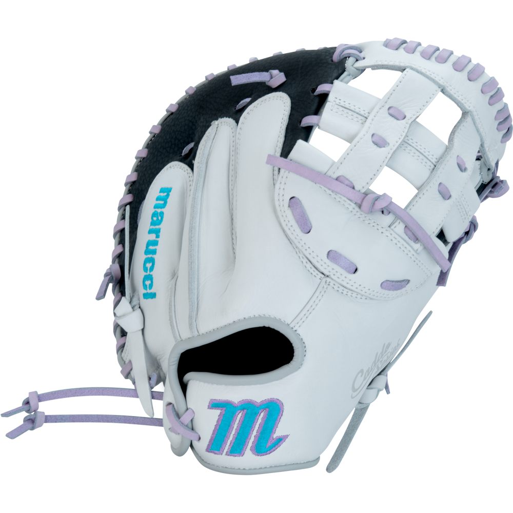 The Marucci Caddo 33" Fastpitch Catcher's Mitt (MFG2CDFP33-W/LP) is a white mitt with purple laces and accents, teal "marucci" text and M logo on the thumb, and black interior padding.