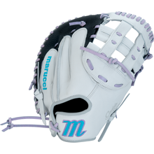 The Marucci Caddo 33" Fastpitch Catcher's Mitt (MFG2CDFP33-W/LP) is a white mitt with purple laces and accents, teal "marucci" text and M logo on the thumb, and black interior padding.