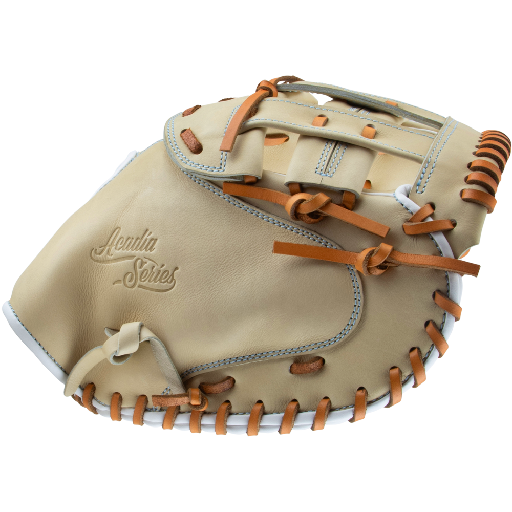 The Marucci Acadia 230C2 33.5" Fastpitch Catcher's Mitt features tan and cream full-grain cowhide leather, brown laces, detailed stitching, and "Acadia Series" embossed on the glove. Brand: Marucci. Model: MFG3AC230C2FP-CM.