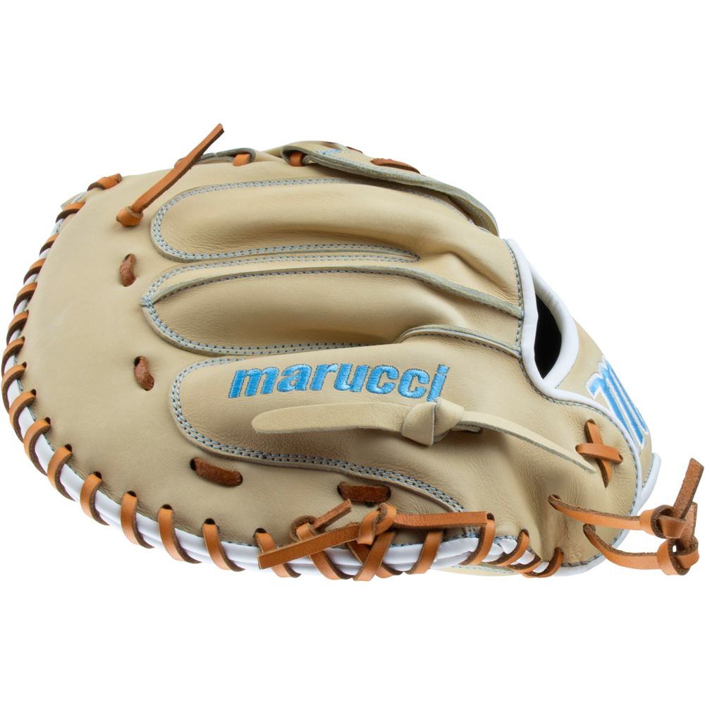 The Marucci Acadia 230C2 33.5" Fastpitch Catcher's Mitt (MFG3AC230C2FP-CM) features tan and brown full-grain cowhide leather, blue stitching, brown laces, white accents, and Marucci branding in blue on the back.