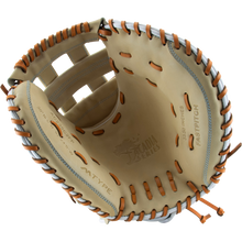 A close-up of an open tan and brown Marucci Acadia 230C2 33.5" Fastpitch Catcher's Mitt (MFG3AC230C2FP-CM), showing the Marucci branding and detailed glove markings stamped on the palm.