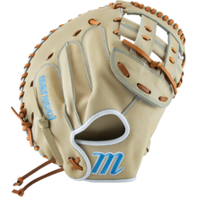 The Marucci Acadia 230C2 33.5" Fastpitch Catcher's Mitt features a beige and tan design with brown laces, light blue Marucci embroidery, a blue M logo by the wrist, and is crafted from durable full-grain cowhide leather.