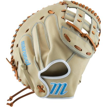 The Marucci Acadia 230C2 33.5" Fastpitch Catcher's Mitt features a beige and tan design with brown laces, light blue Marucci embroidery, a blue M logo by the wrist, and is crafted from durable full-grain cowhide leather.