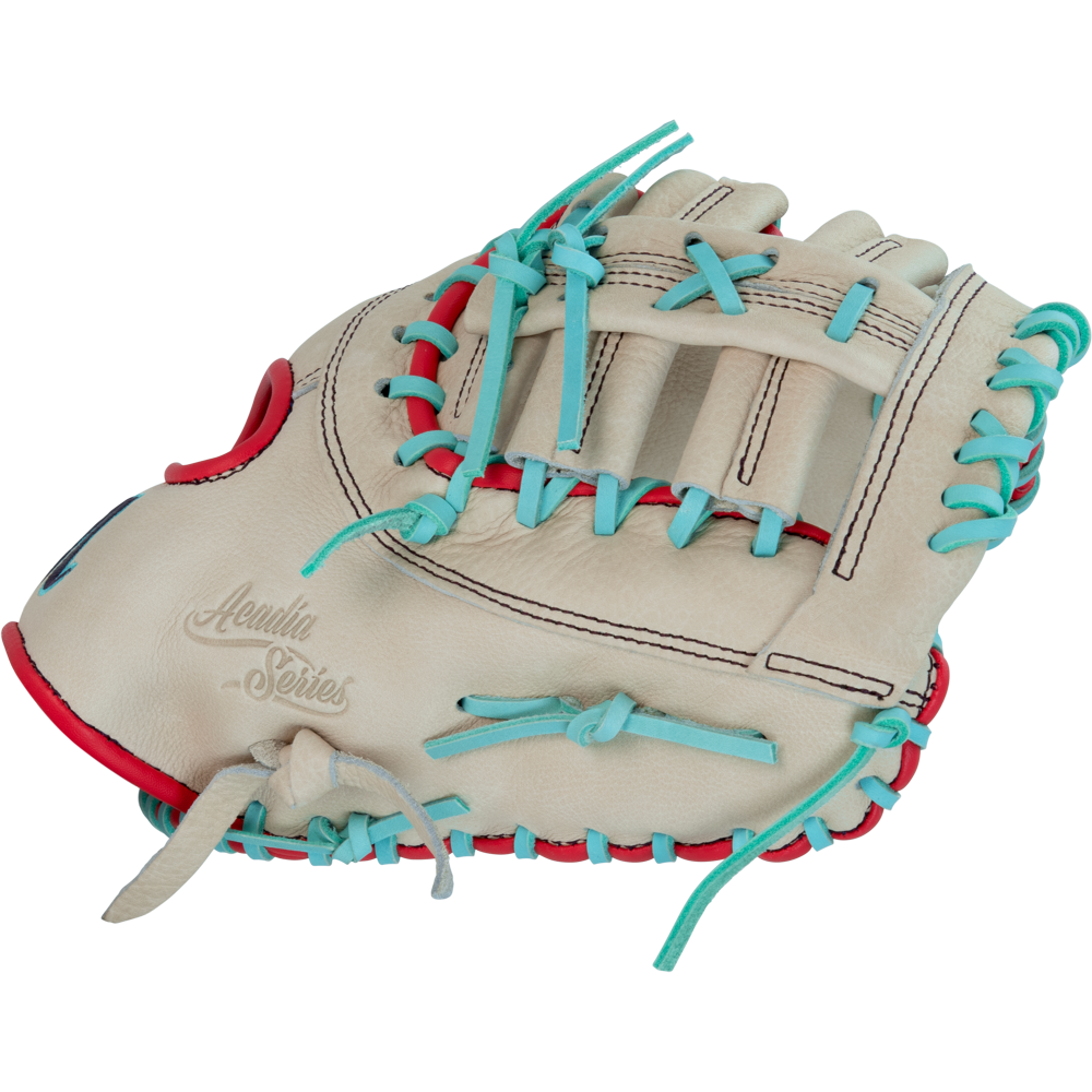 The Marucci Acadia 37S1 12.5" Baseball First Base Mitt (MFG3AC37S1-CM/R) features a cream color, turquoise laces, red accents, contrasting stitching, Aderlin Series embossing, and an open web design.
