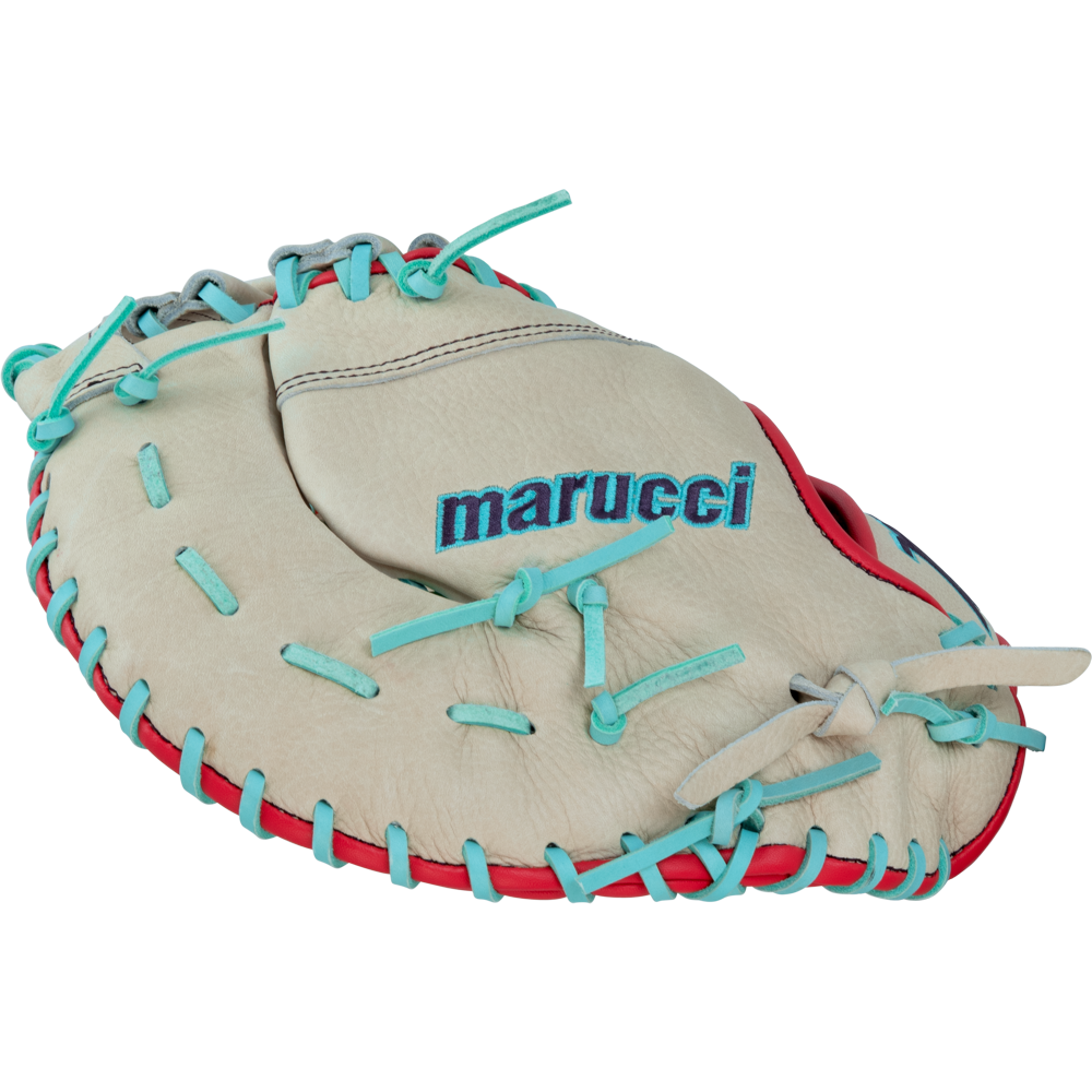 The Marucci Acadia 37S1 12.5" Baseball First Base Mitt (MFG3AC37S1-CM/R) features a beige design with turquoise laces and red trim, shown against a white background.