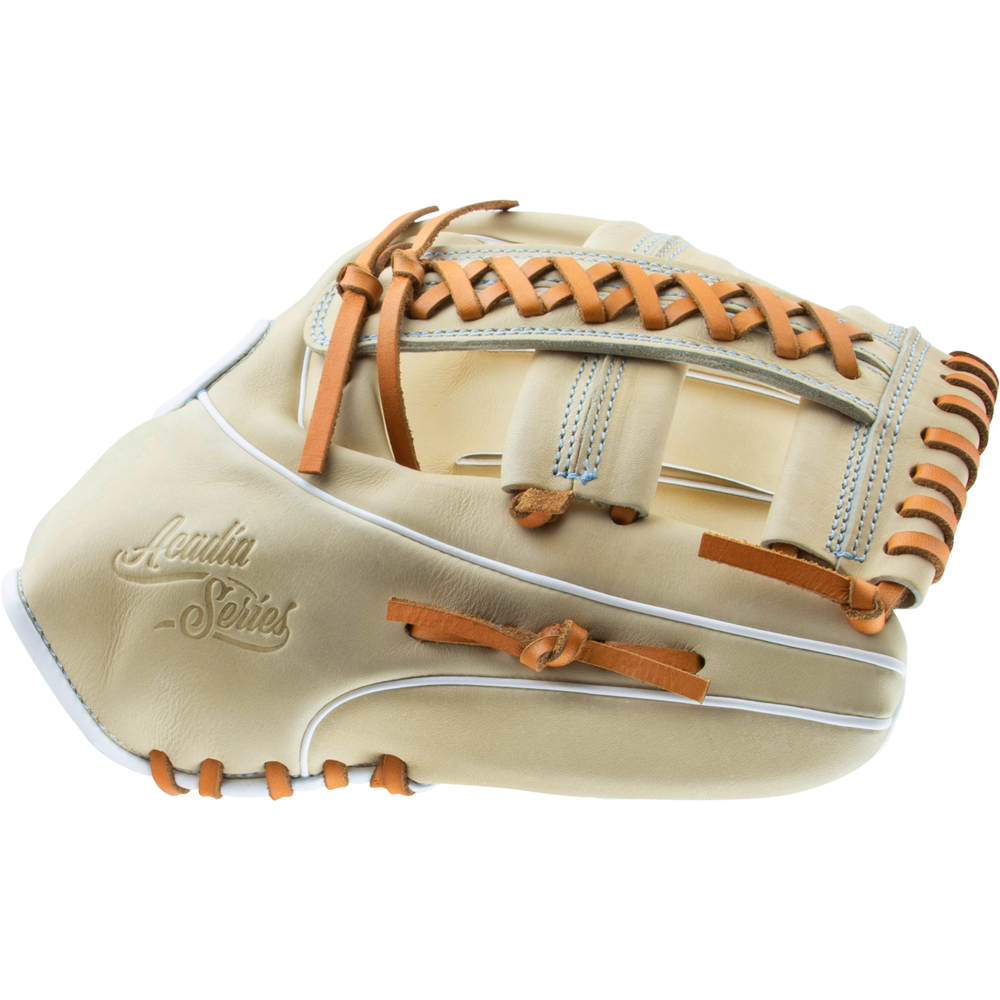 The Marucci Acadia 45A5 12" Fastpitch Glove (MFG3AC45A5FP-CM) features a tan and cream design with brown laces, a braided post web, white stitching, and the Acadia Series logo embossed on the side, displayed against a plain white background.