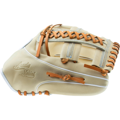 The Marucci Acadia 45A5 12" Fastpitch Glove (MFG3AC45A5FP-CM) features a tan and cream design with brown laces, a braided post web, white stitching, and the Acadia Series logo embossed on the side, displayed against a plain white background.