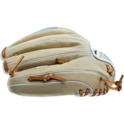 The Marucci Acadia 45A5 12" Fastpitch Glove (MFG3AC45A5FP-CM) is shown from the side, featuring tan leather with white trim and brown laces, and a braided post web, against a white background.