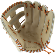 The Marucci Acadia 45A5 12" Fastpitch Glove (MFG3AC45A5FP-CM) features tan leather with orange lacing, detailed stitching, and a braided post open web. "ACADIA SERIES," "FASTPITCH," "12.0 INCHES," and "MTYPE" stamps are on the palm.