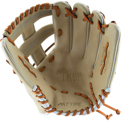 The Marucci Acadia 45A5 12" Fastpitch Glove (MFG3AC45A5FP-CM) features tan leather with orange lacing, detailed stitching, and a braided post open web. "ACADIA SERIES," "FASTPITCH," "12.0 INCHES," and "MTYPE" stamps are on the palm.