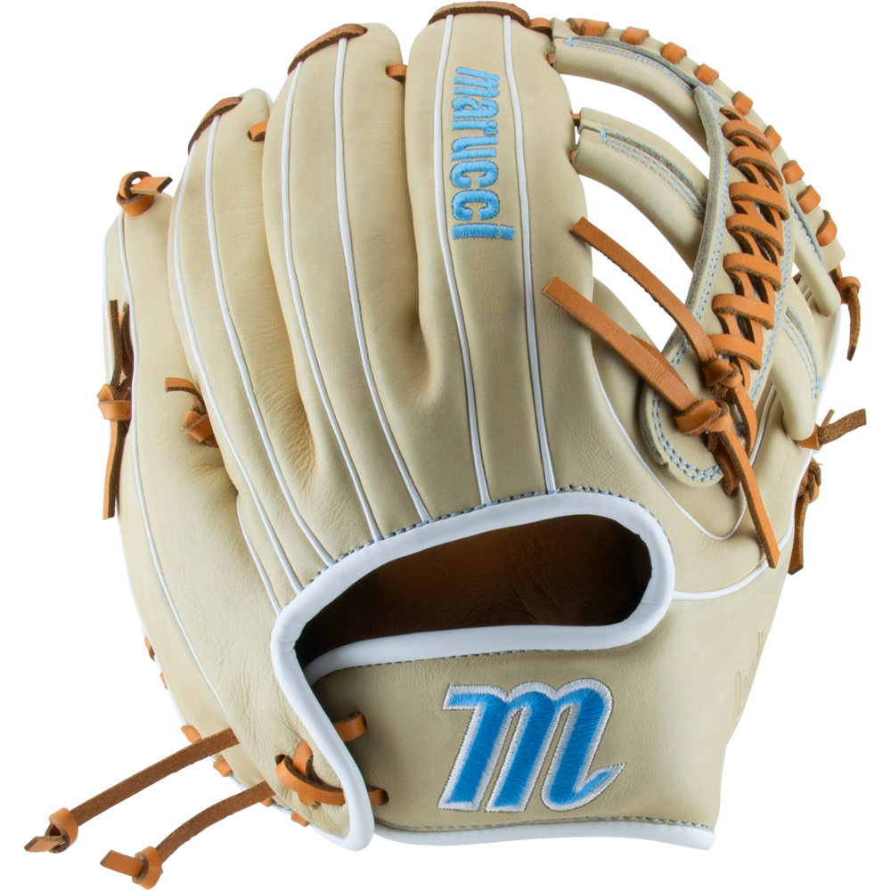 The Marucci Acadia 45A5 12" Fastpitch Glove (MFG3AC45A5FP-CM) features a beige design with tan laces, blue embroidered accents, and the Marucci logo, plus a braided post web—displayed against a white background.