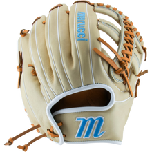 The Marucci Acadia 45A5 12" Fastpitch Glove (MFG3AC45A5FP-CM) features a beige design with tan laces, blue embroidered accents, and the Marucci logo, plus a braided post web—displayed against a white background.