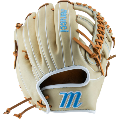 The Marucci Acadia 45A5 12" Fastpitch Glove (MFG3AC45A5FP-CM) features a beige design with tan laces, blue embroidered accents, and the Marucci logo, plus a braided post web—displayed against a white background.