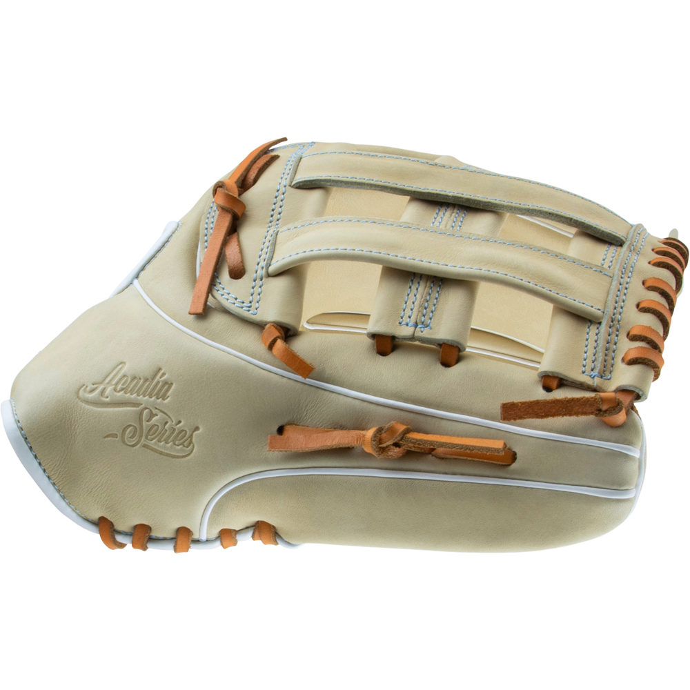 The Marucci Acadia 97R3 12.5" Fastpitch Glove features a tan and cream design with brown laces, H-Web, light blue stitching, and "Acuña Series" embossed on the side. Brand: Marucci. Model: MFG3AC97R3FP-CM.