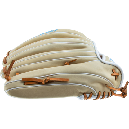 The Marucci Acadia 97R3 12.5" Fastpitch Glove (MFG3AC97R3FP-CM) features a tan H-Web design, white piping, and brown leather laces, displayed from the side on a plain white background. Brand: Marucci.