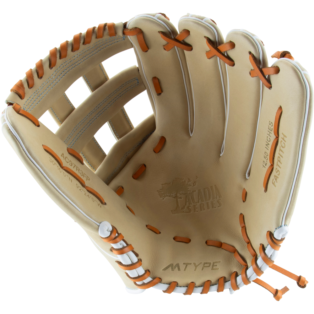 The Marucci Acadia 97R3 12.5" Fastpitch Glove (MFG3AC97R3FP-CM) features orange stitching and an H-Web design.