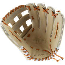 The Marucci Acadia 97R3 12.5" Fastpitch Glove (MFG3AC97R3FP-CM) features orange stitching and an H-Web design.